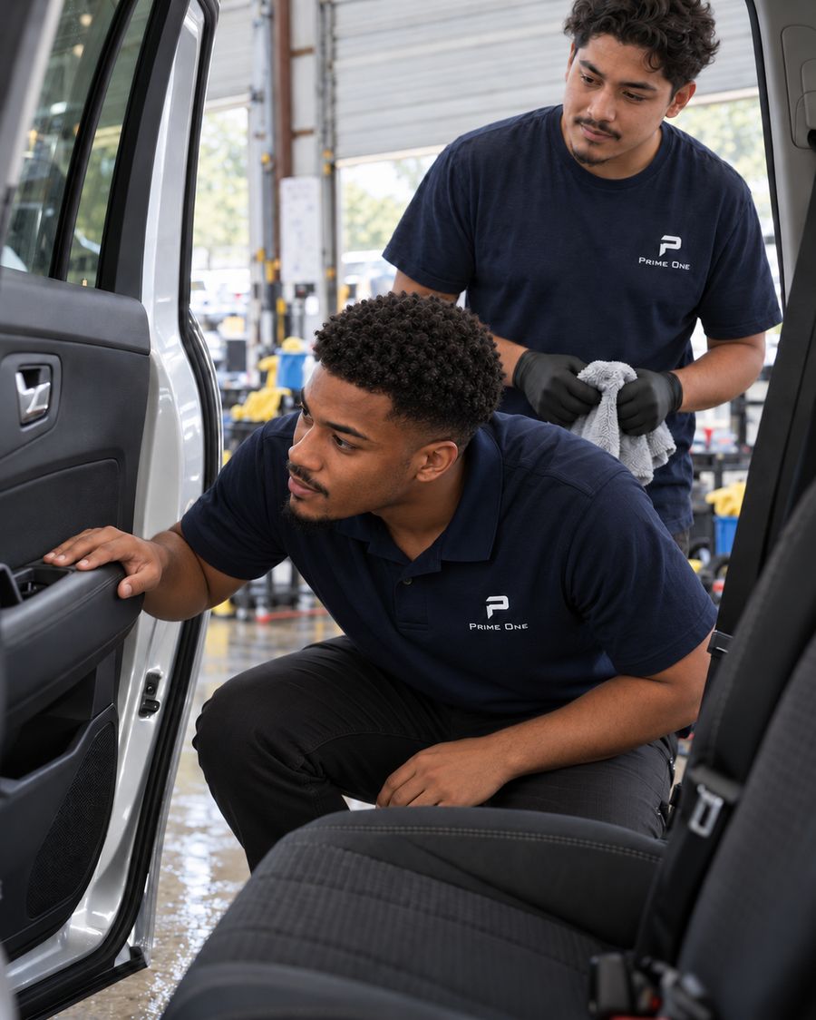 Detailer inspecting a door jamb while a teammate looks on