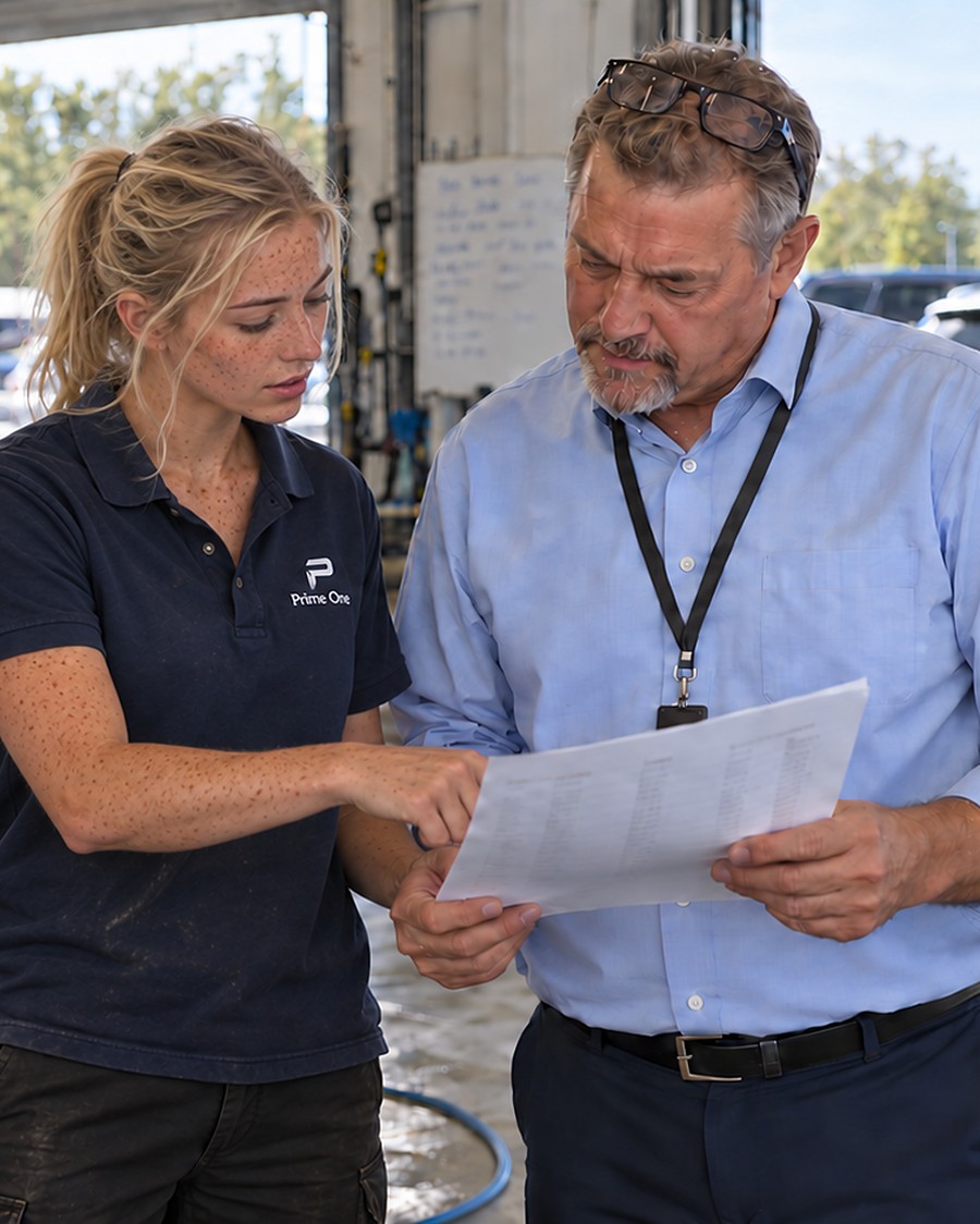 Prime One manager reviewing the day’s priorities with a dealership manager