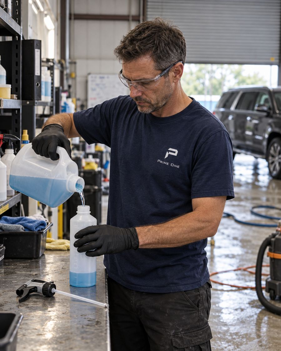 Detailer in safety glasses and gloves measuring product