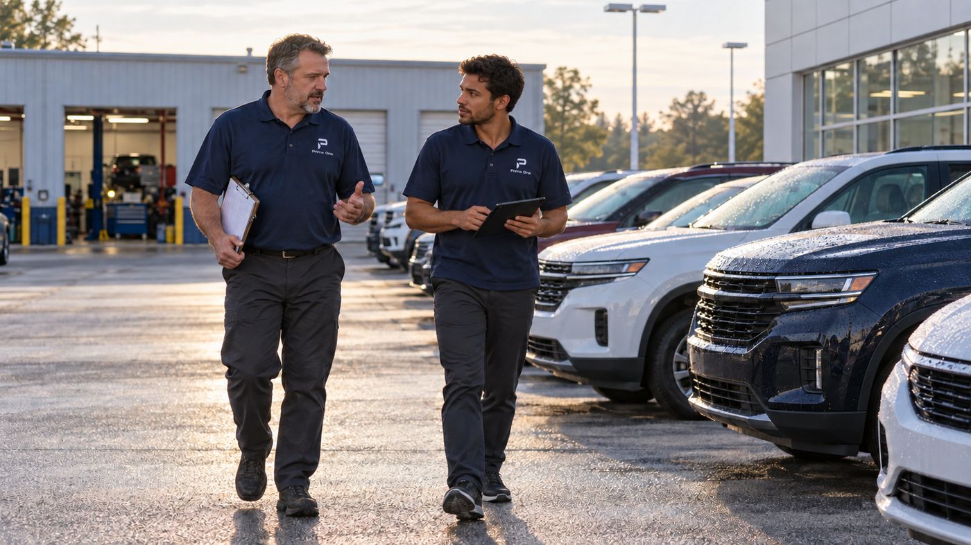 Prime One Operations Manager walking the lot with a store manager