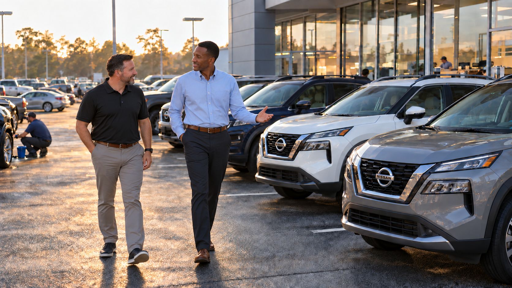 General manager and sales manager walking a clean front line