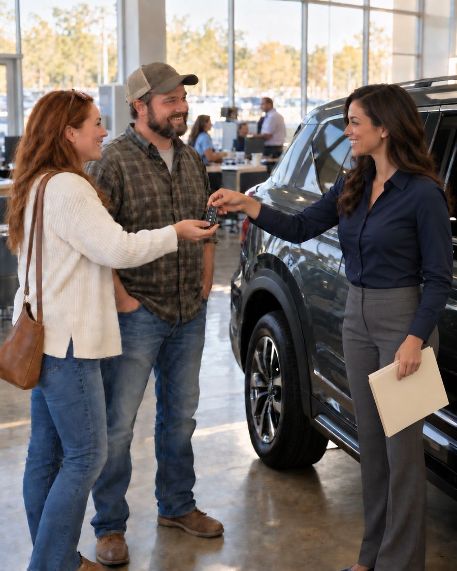 Salesperson handing keys to a couple at delivery