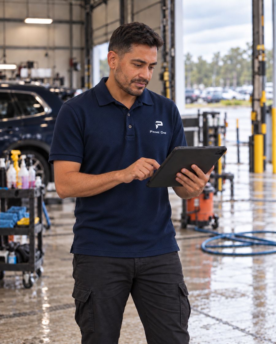 Prime One store manager checking the day’s work on a tablet