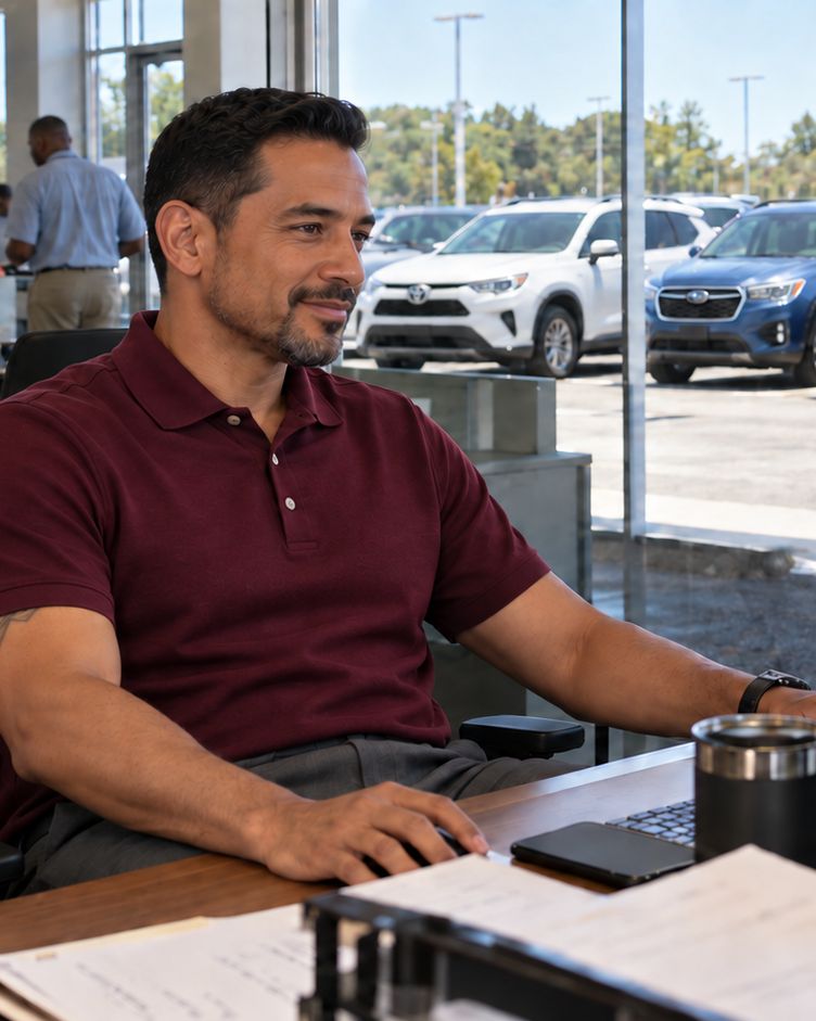 Used car manager at his desk